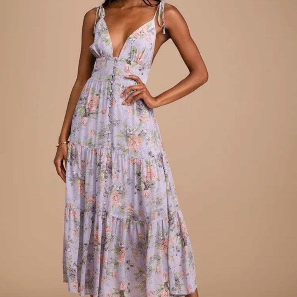 Lulu's Lavender Floral Tie-Strap Midi Dress